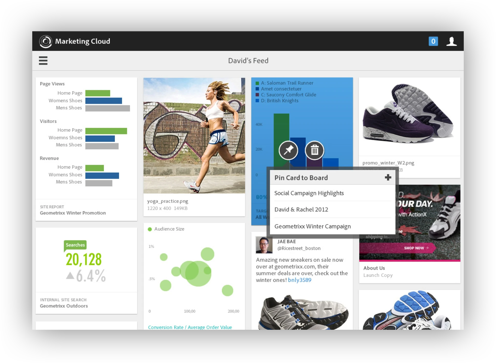 David's Feed with the Pin Card to Board popover open over an analytics card