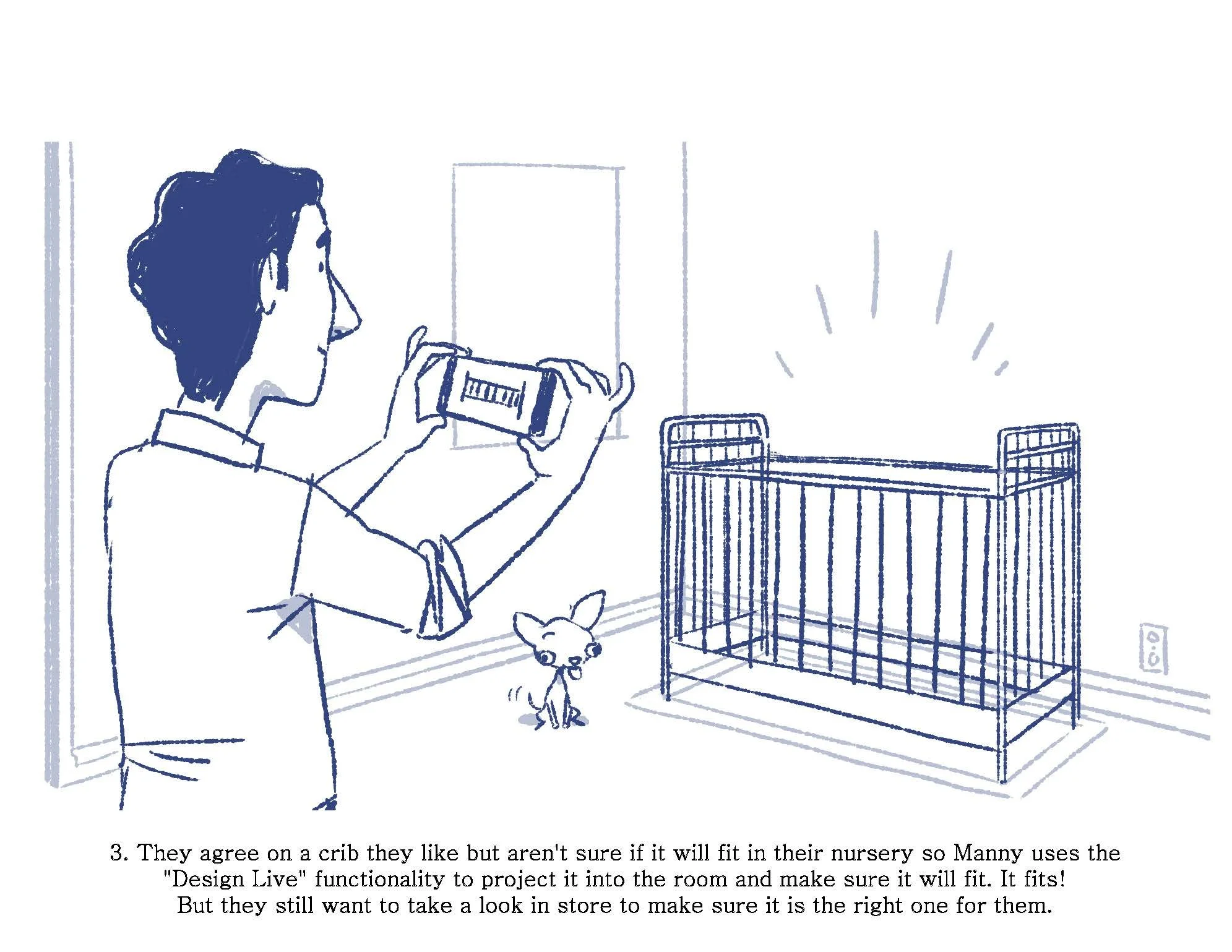 Storyboard three: Manny holds the phone up to project the crib into the nursery