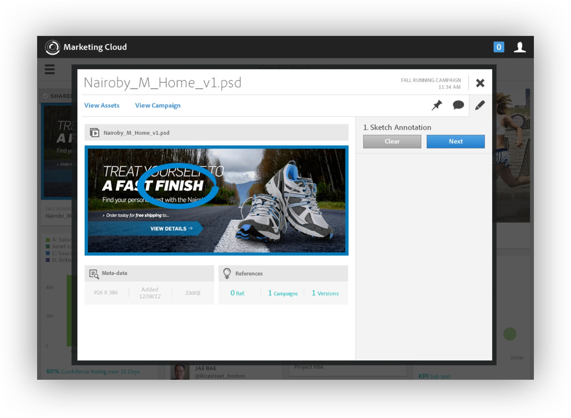 The card overlay: a campaign image opened over the feed, with its sketch annotation and comment thread