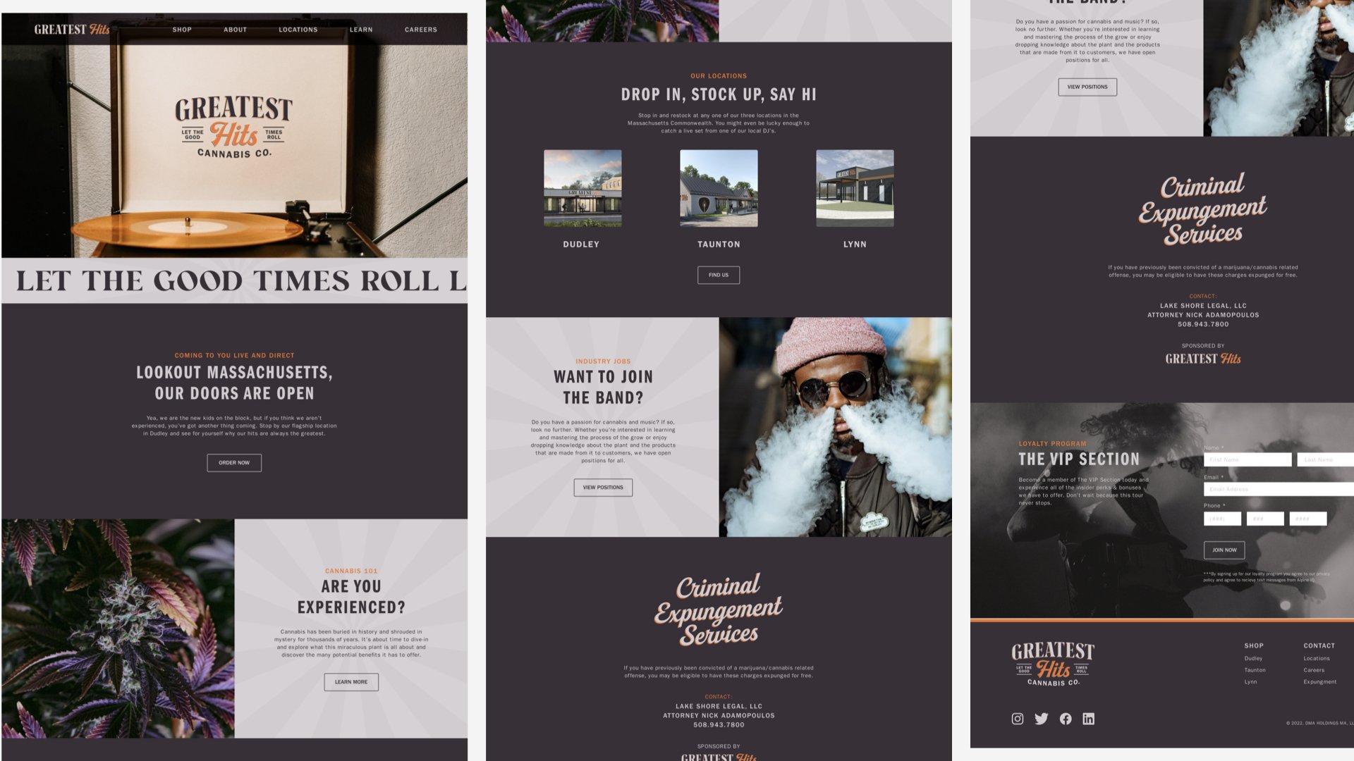 Three website screens, including the Criminal Expungement Services page
