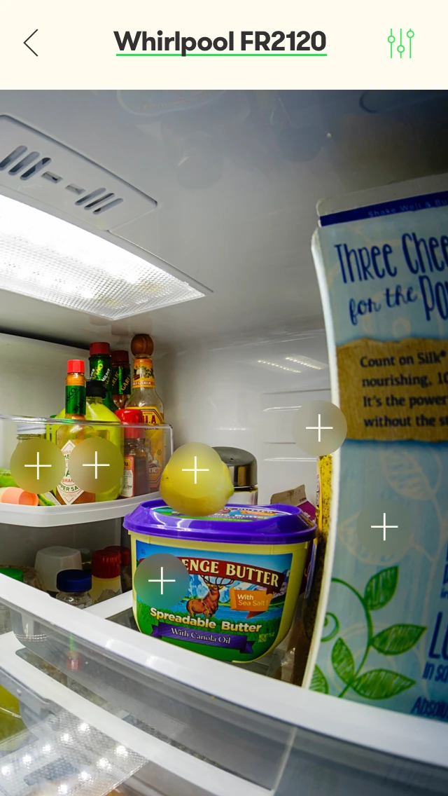 The Whirlpool fridge camera view, ingredients tagged on the shelves