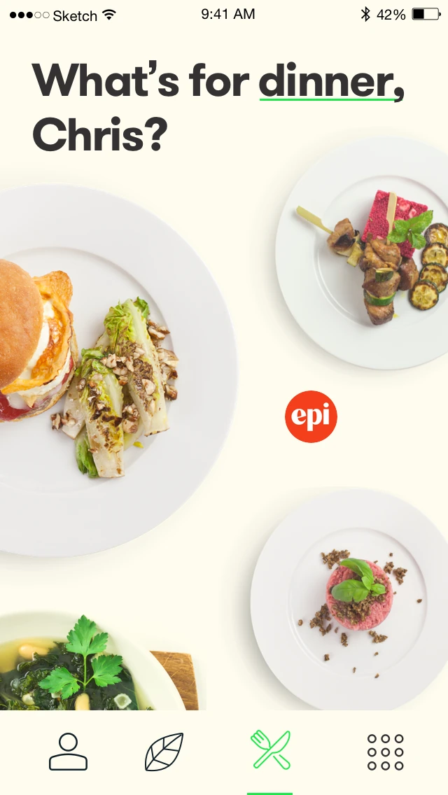 The What's for dinner, Chris? screen: three plates shot from above