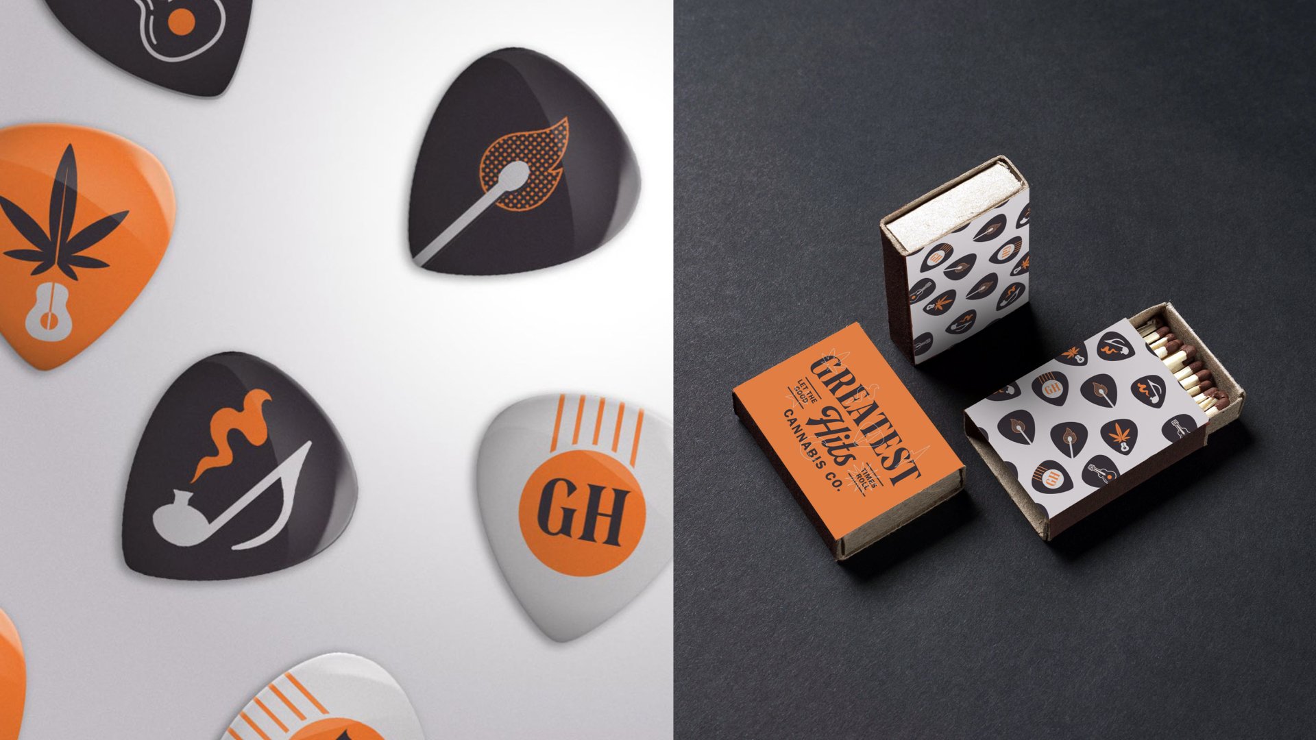 Guitar picks in orange and black beside two matchbooks printed with the pattern