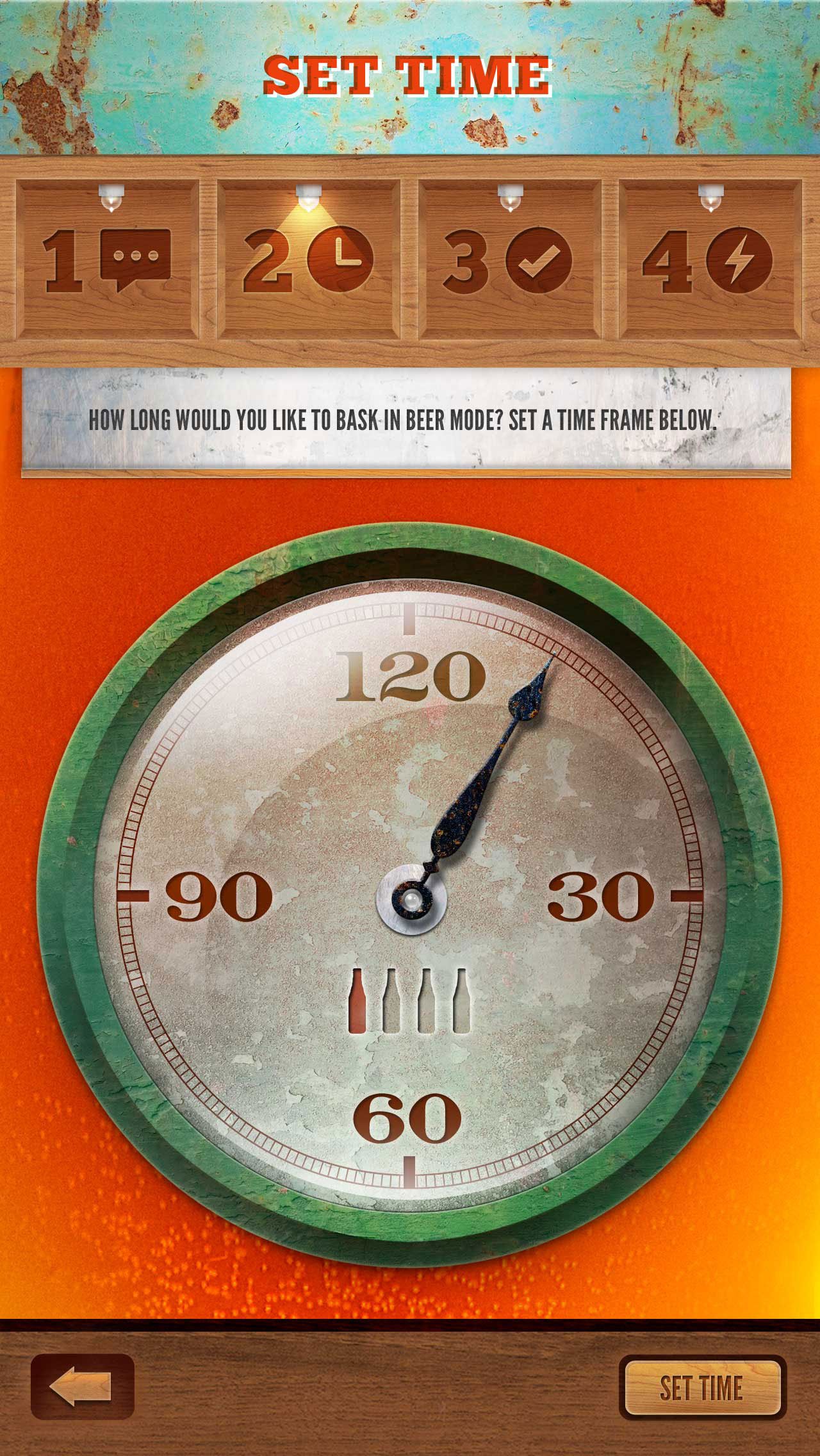 The Set Time screen: a brass gauge on wood, the needle at 120 minutes