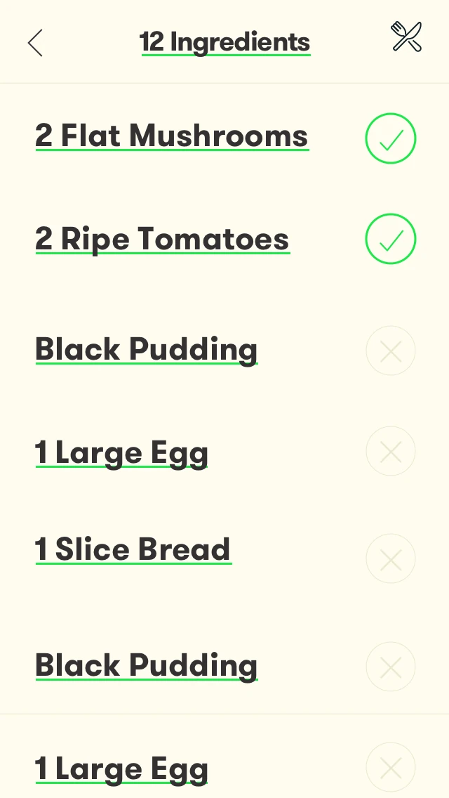 A recipe's ingredient list, with the tomatoes and mushrooms already ticked