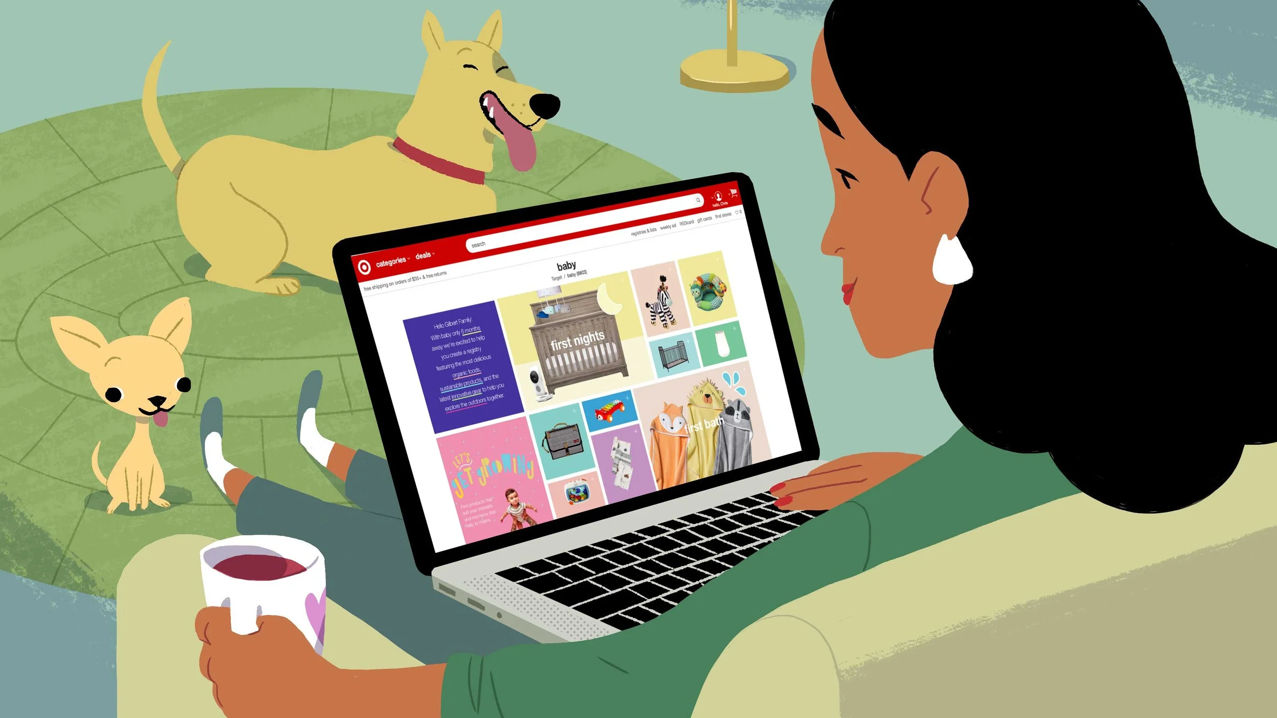 The mother at the laptop with the registry open, two dogs at her feet