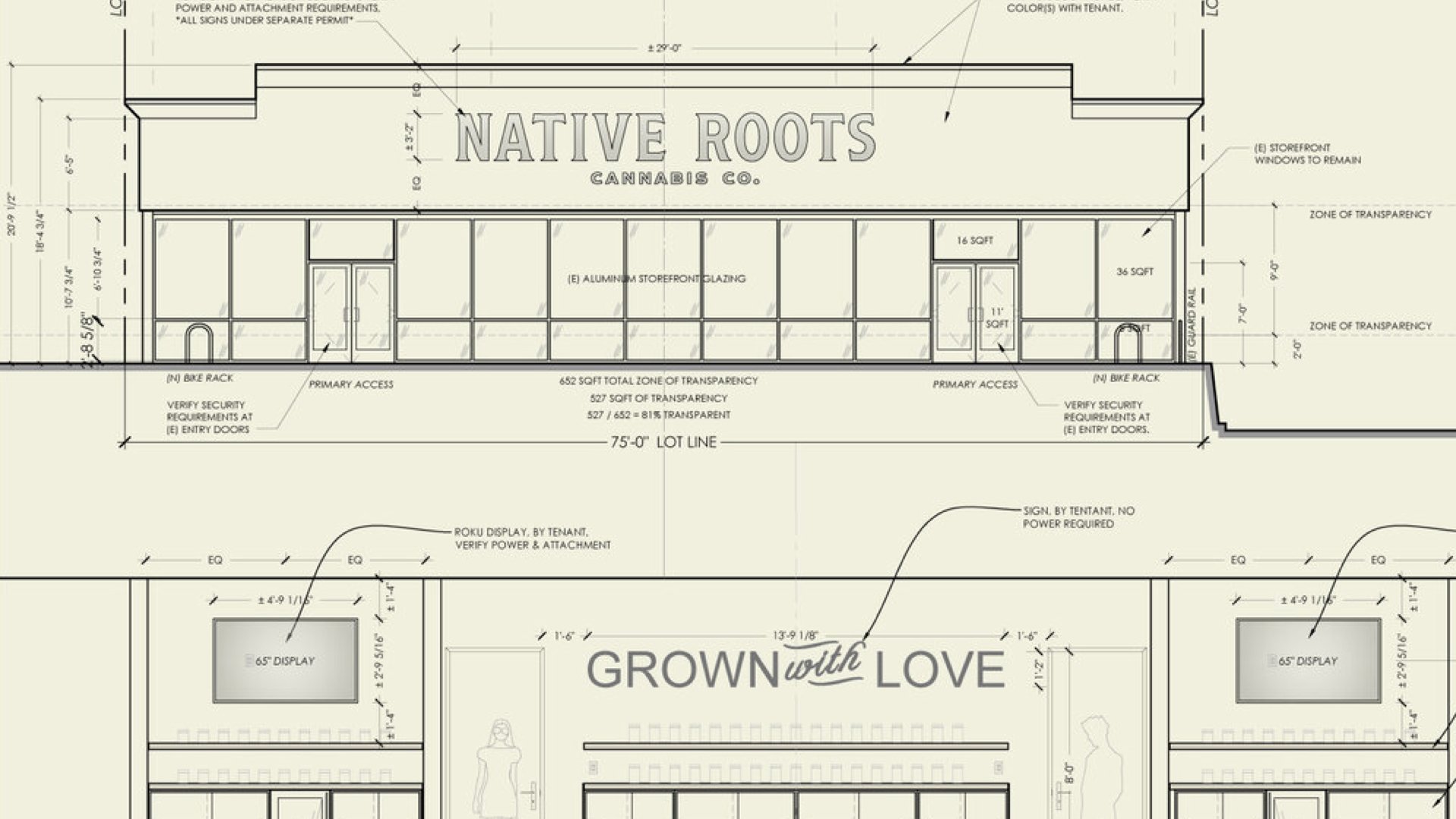 Drawings for a new location: the storefront elevation and the counter plan