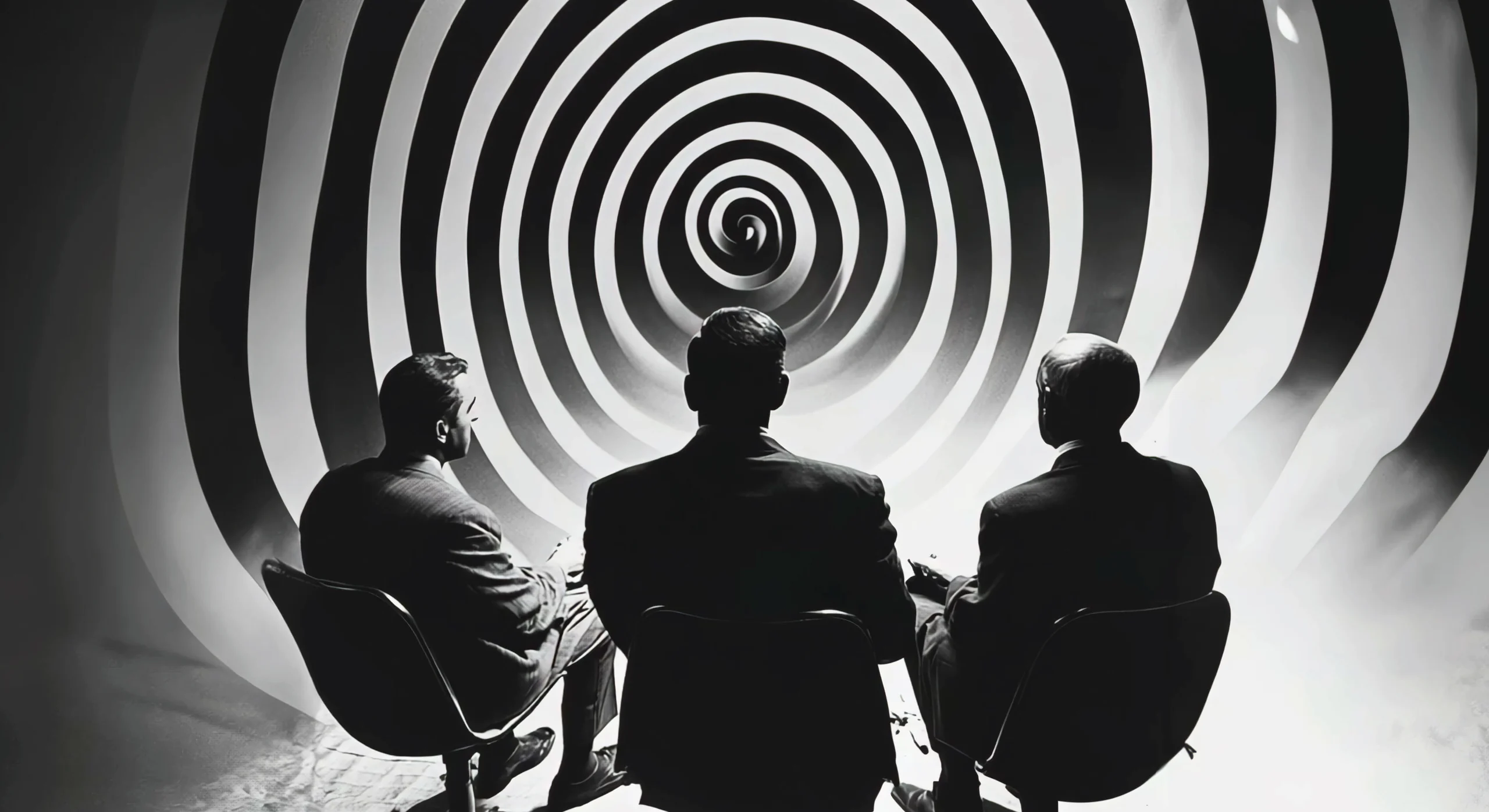 Three figures in chairs, seen from behind, facing a wall-sized black and white spiral