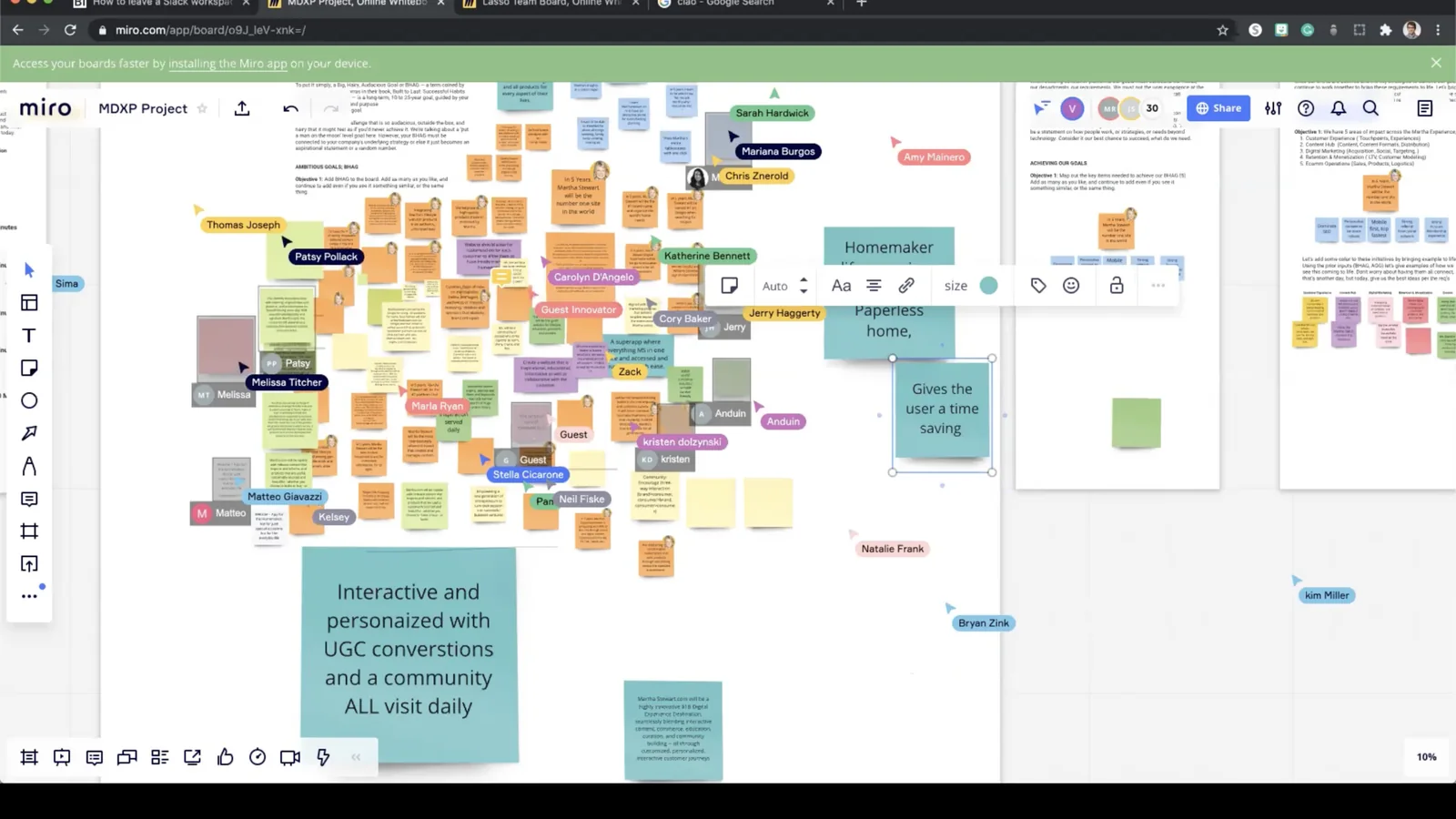 A sprint board mid-session: colour-coded notes on personas and behaviors around a homemaker and her routines