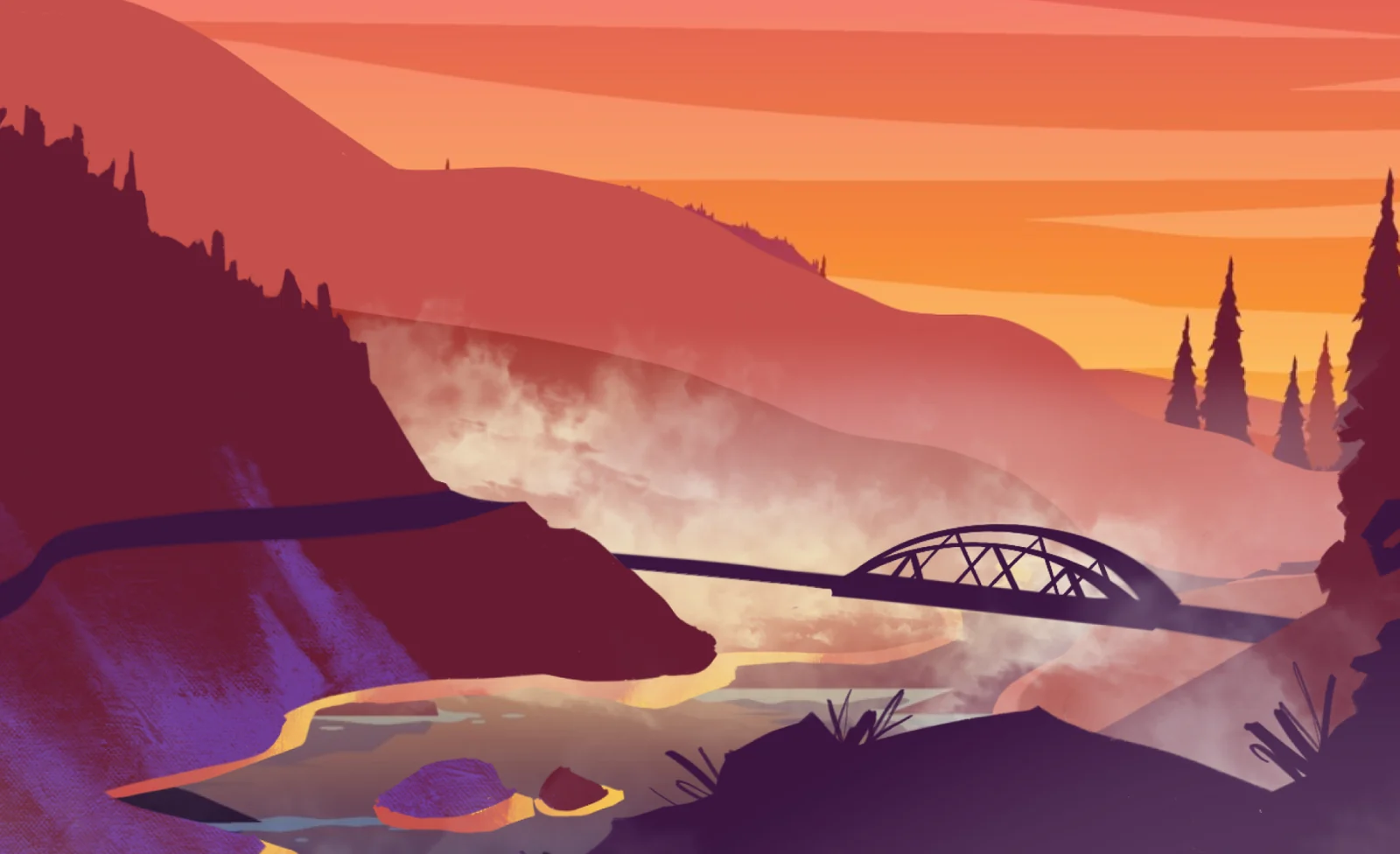 A truck on a mountain road at sunset, illustrated