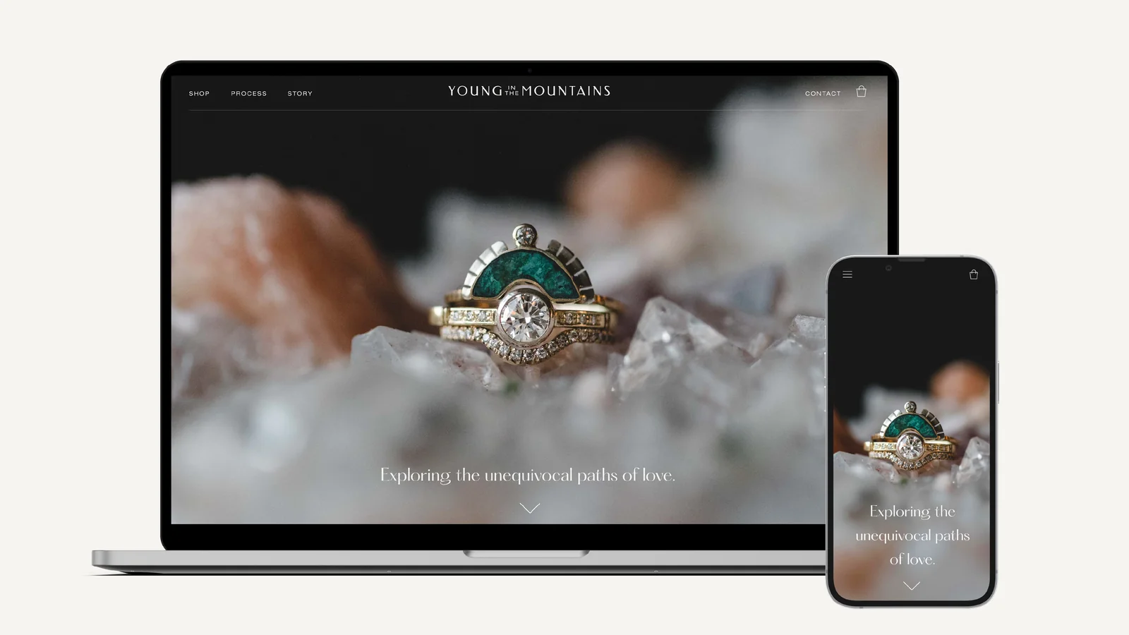 Young in the Mountains, a Shopify jewelry store with a custom ring builder, on a laptop and a phone